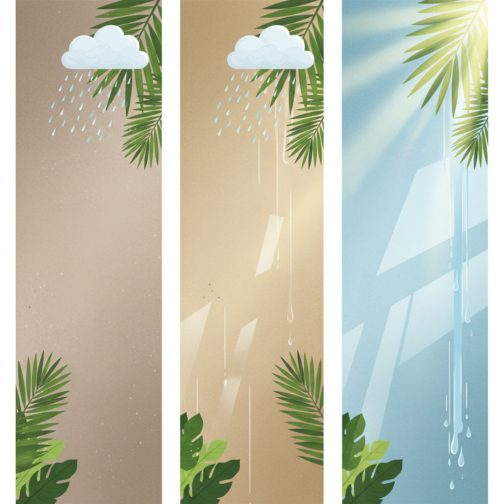 Ilustrasi tiga panel cat: matte, satin, gloss dengan elemen hujan dan sinar matahari