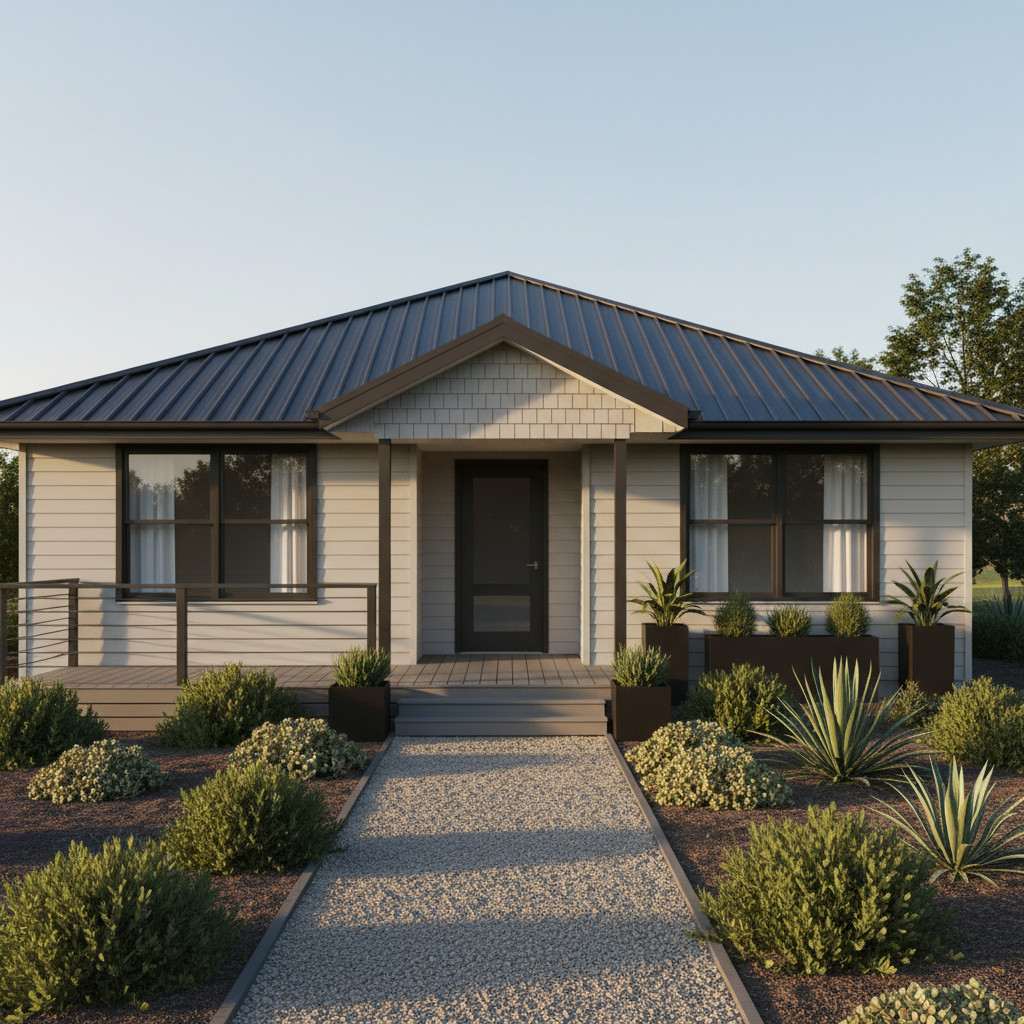 Ilustrasi fasad rumah dengan taman rapi dan tampilan depan mudah dirawat