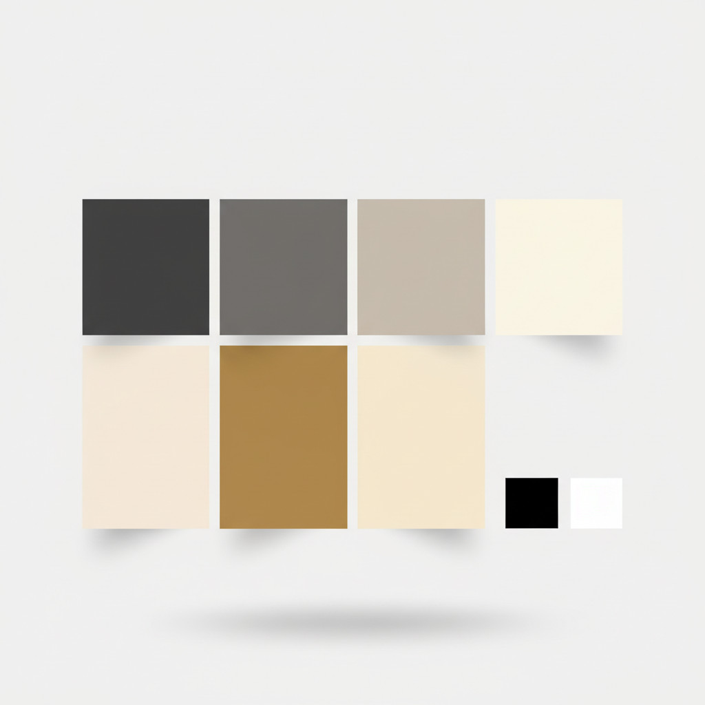 Palet warna cat dinding: abu-abu, putih, hitam, dan pastel cokelat