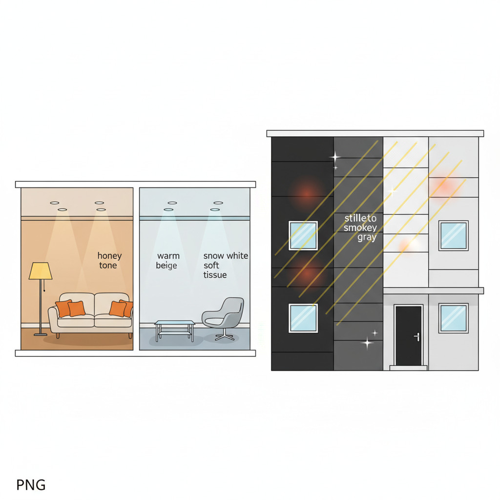Ilustrasi interior dan eksterior rumah yang menunjukkan kontras warna hangat dan dingin serta efek pantulan dan penyerapan cahaya untuk pertimbangan energi